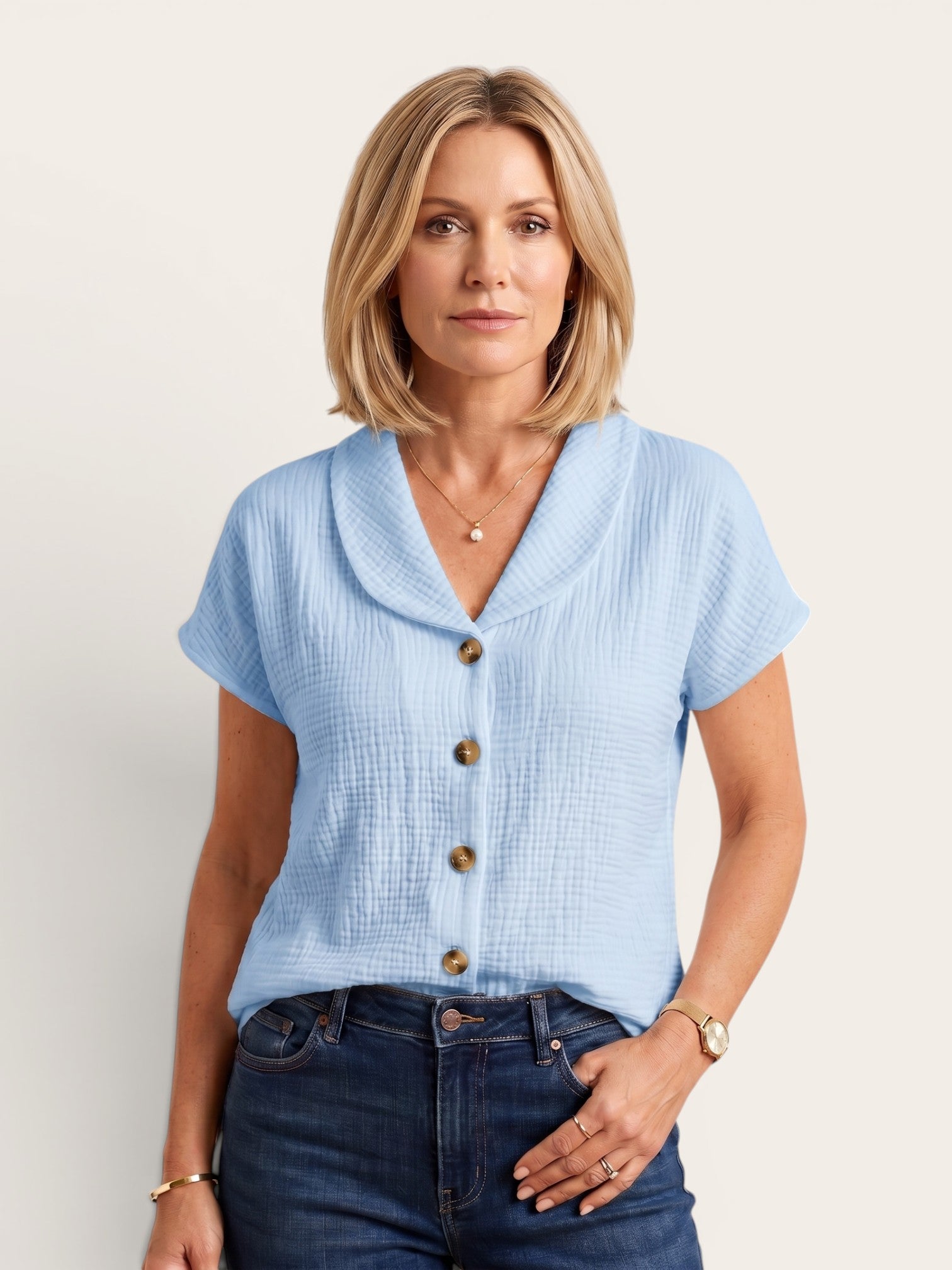 Elani – Textured Cotton Button Blouse