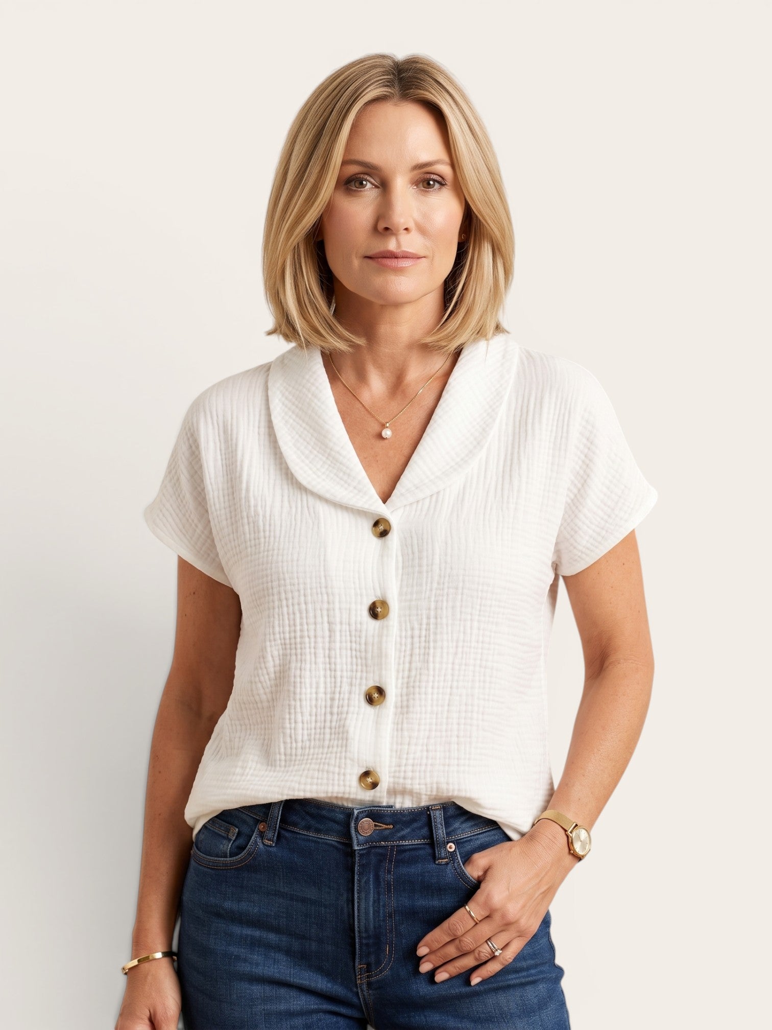 Elani – Textured Cotton Button Blouse