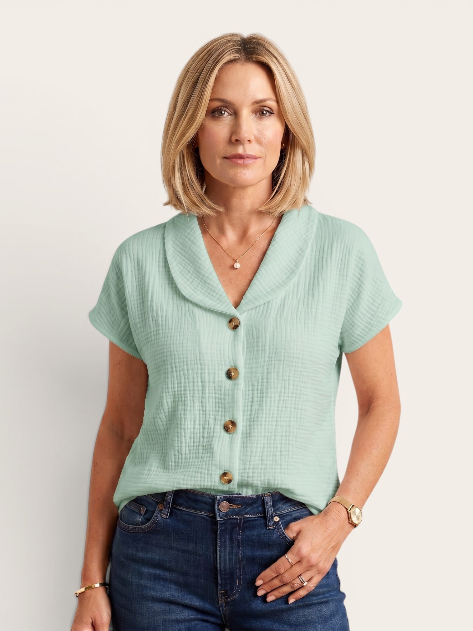 Elani – Textured Cotton Button Blouse