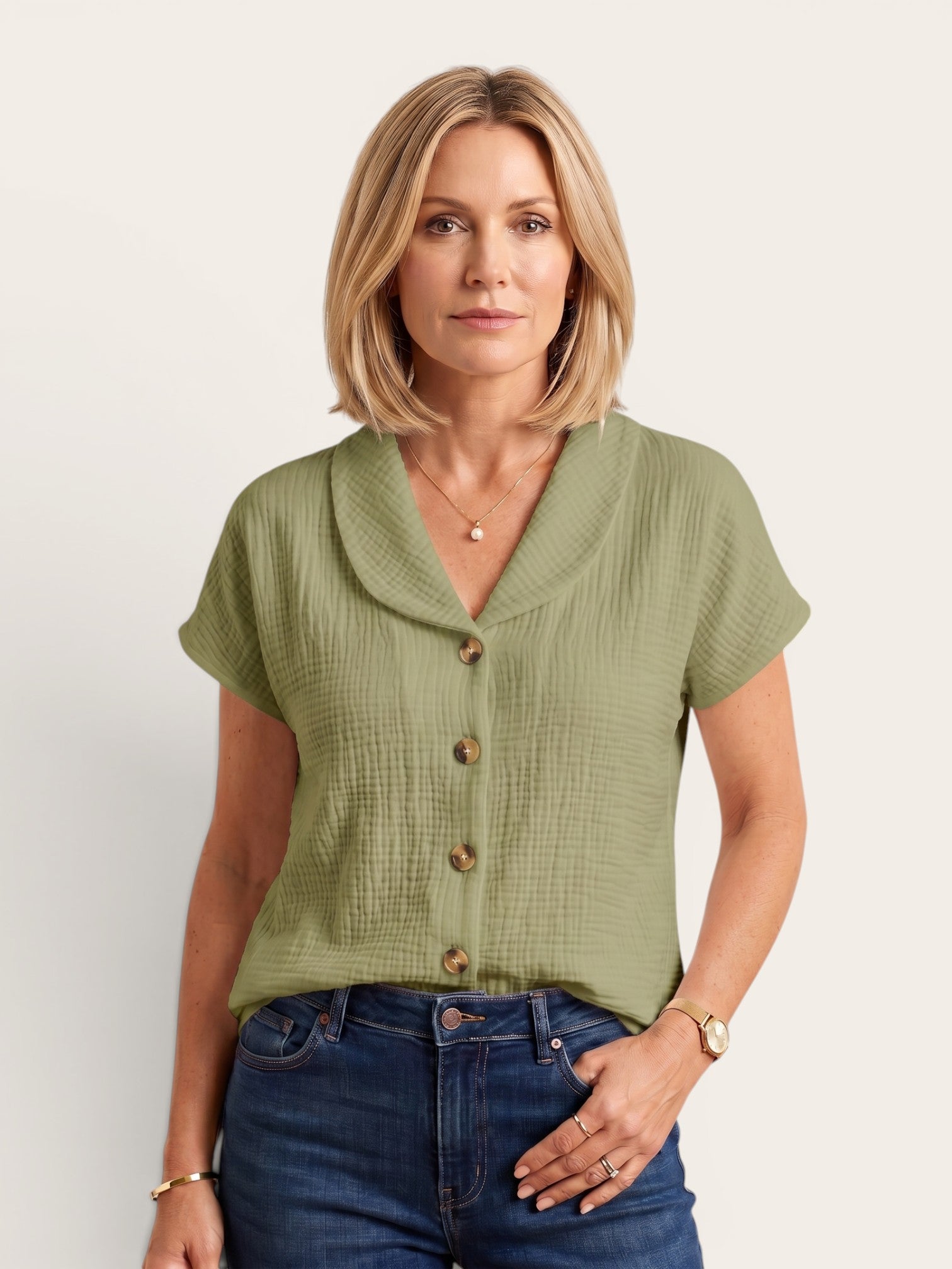 Elani – Textured Cotton Button Blouse