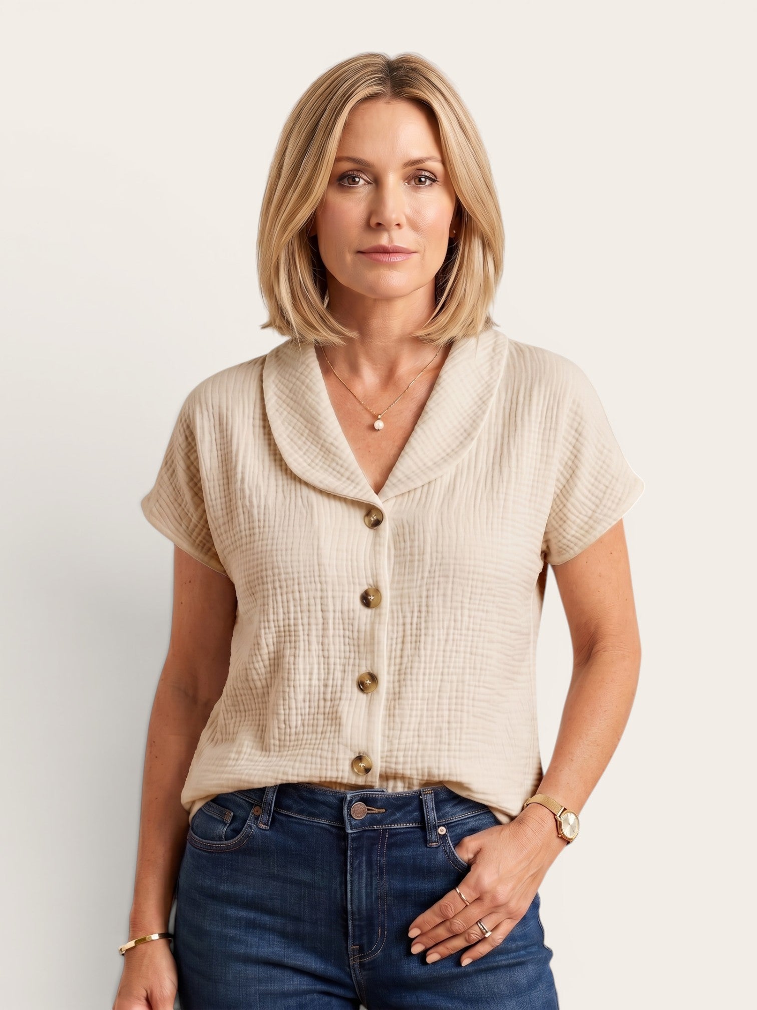 Elani – Textured Cotton Button Blouse